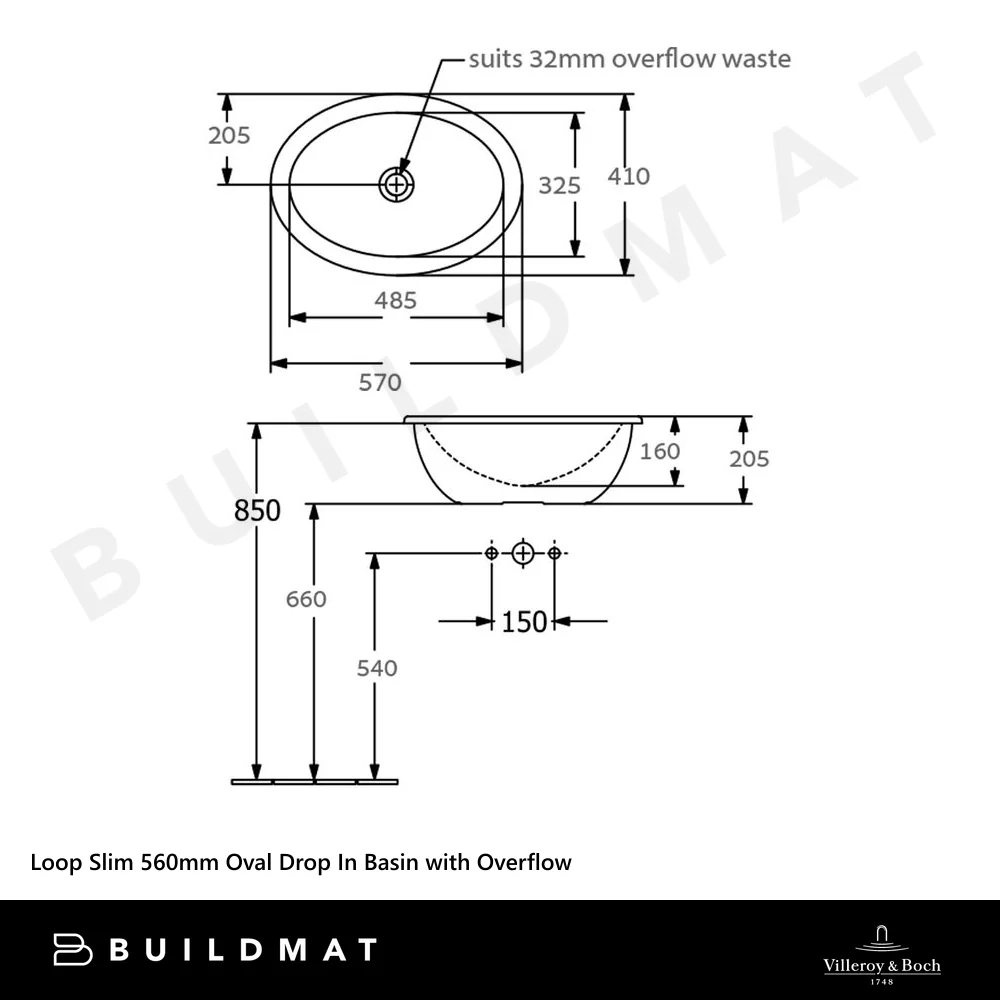 Villeroy & Boch Loop Slim 570mm Oval Drop In Basin with Overflow Alpine White - Image 4