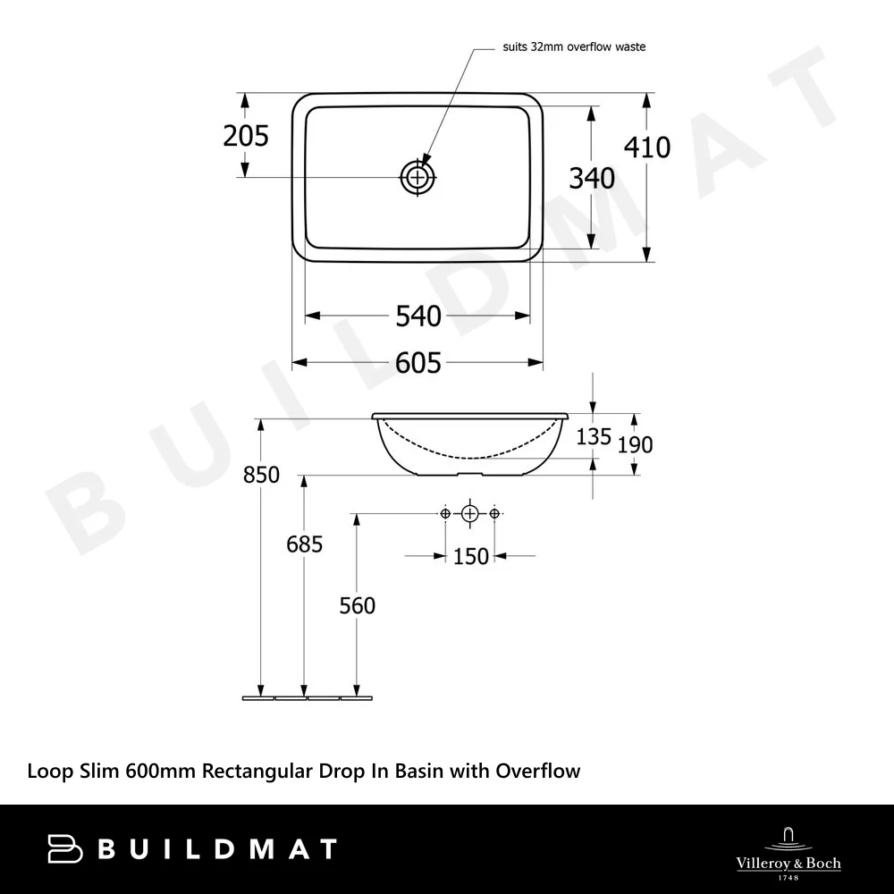 Villeroy & Boch Loop Slim 600mm Rectangular Drop In Basin with Overflow Alpine White - Image 4