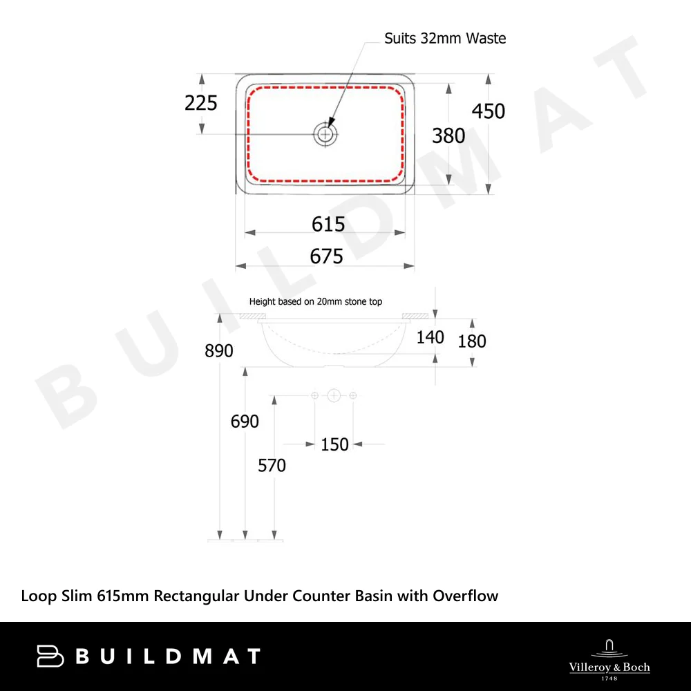 Villeroy & Boch Loop Slim 615mm Rectangular Under Counter Basin with Overflow Stone White - Image 4