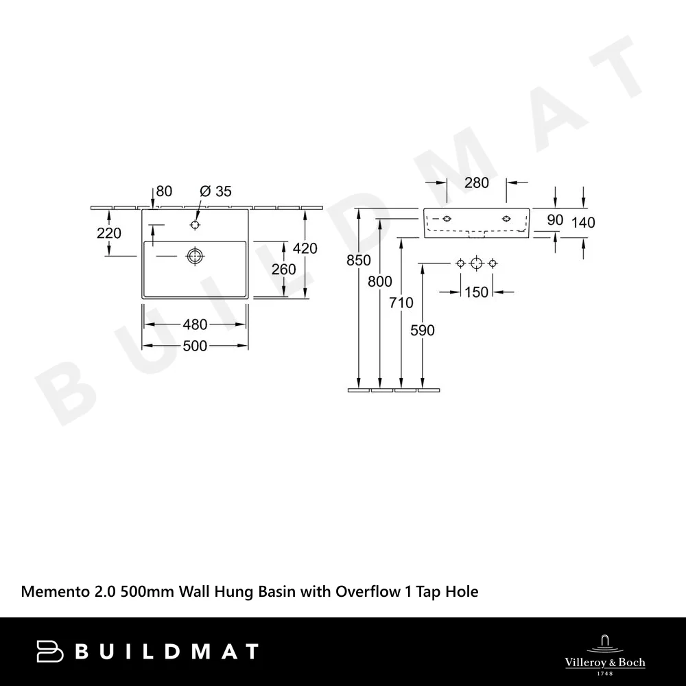 Villeroy & Boch Memento 2.0 500mm Wall Hung Basin with Overflow 1 Tap Hole Alpine White - Image 4