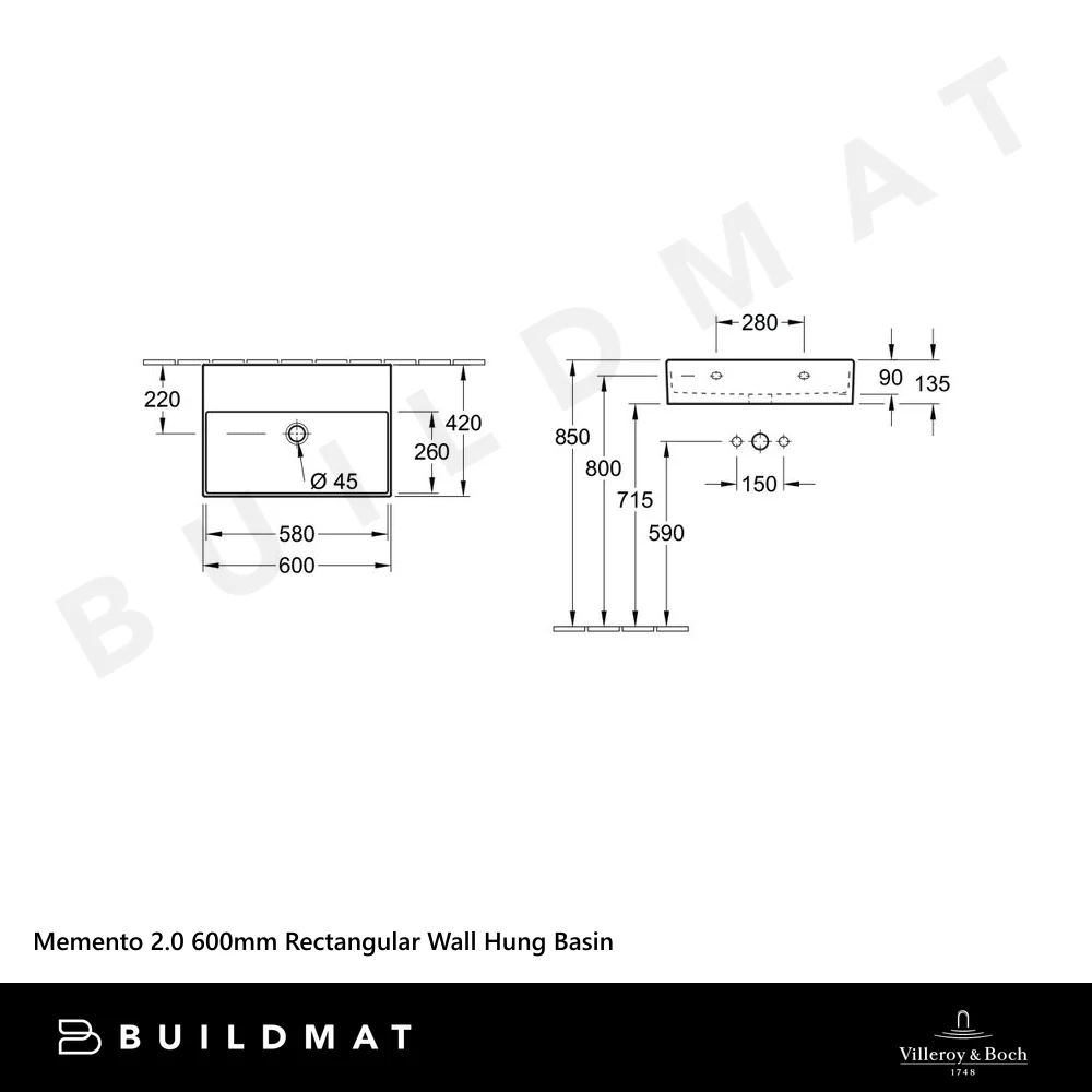 Villeroy & Boch Memento 2.0 600mm Rectangular Wall Hung Basin  Alpine White - Image 4