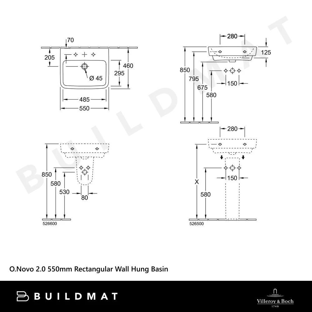 Villeroy & Boch O.Novo 2.0 550mm Rectangular Wall Hung Basin Alpine White - Image 4