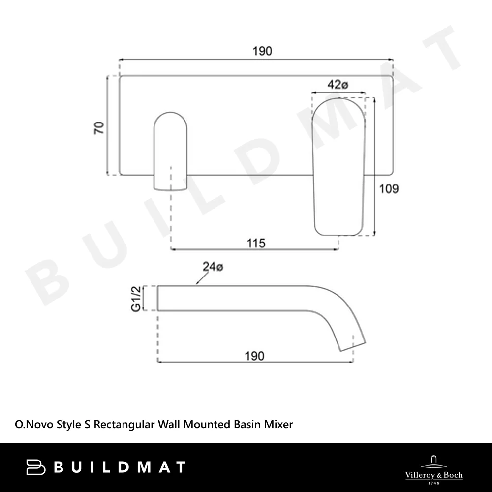 Villeroy & Boch O.Novo Style S Rectangular Wall Mounted Basin Mixer Chrome Lead Free - Image 4