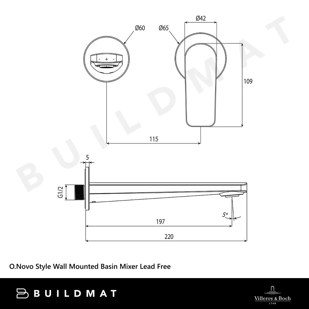 Villeroy & Boch O.Novo Style Wall Mounted Basin Mixer Matte Black Lead Free - Image 4