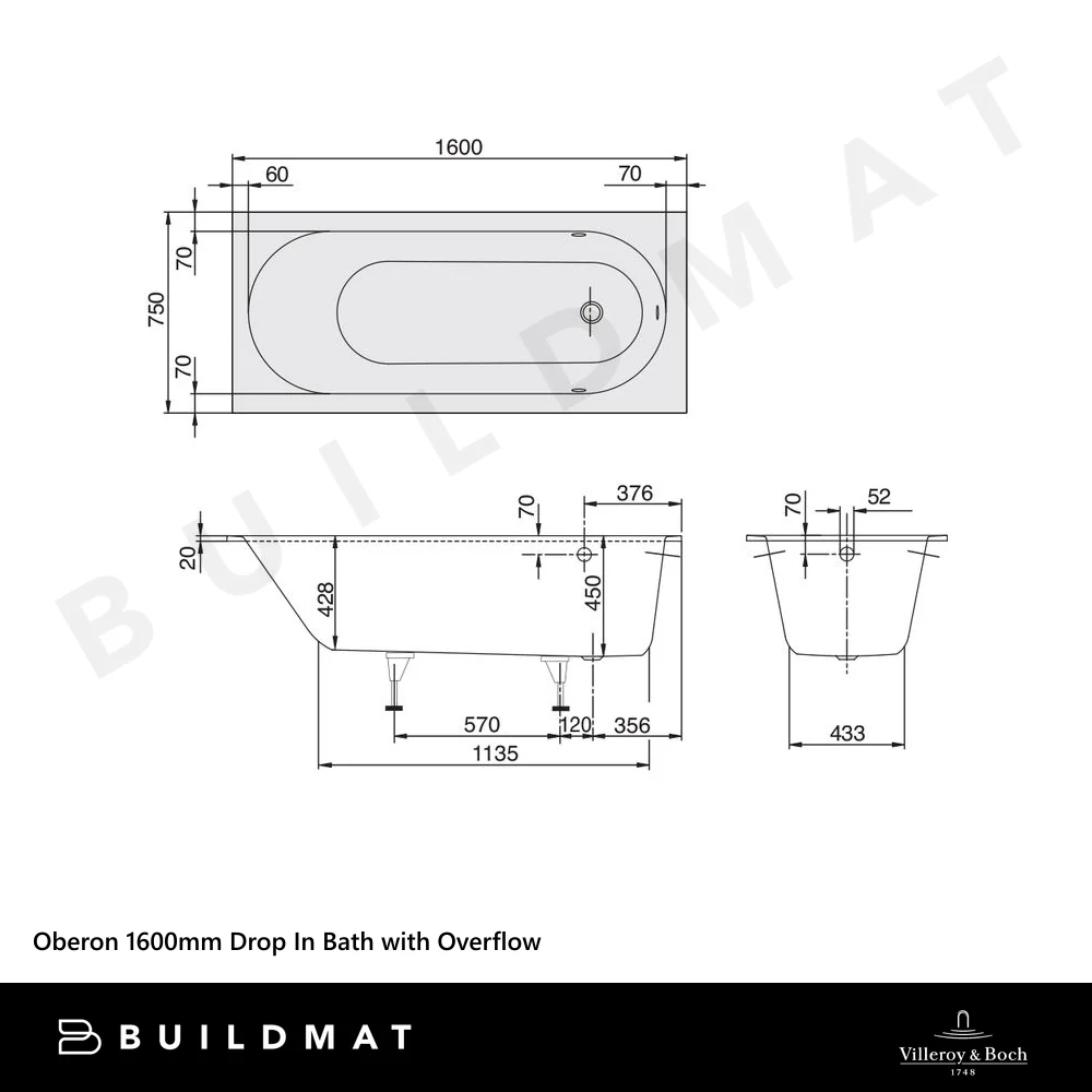 Villeroy & Boch Oberon 1600mm Drop In Bath with White Overflow White - Image 4