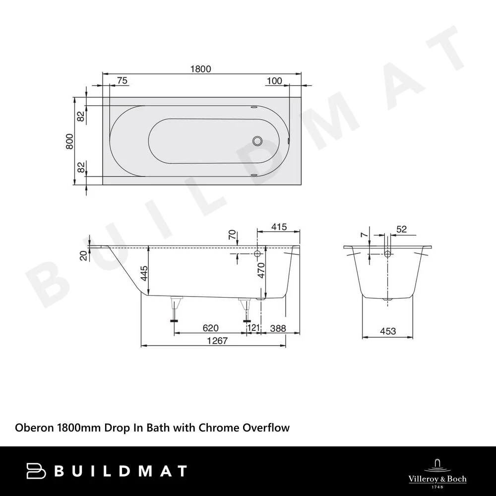 Villeroy & Boch Oberon 1800mm Drop In Bath with Chrome Overflow White - Image 4