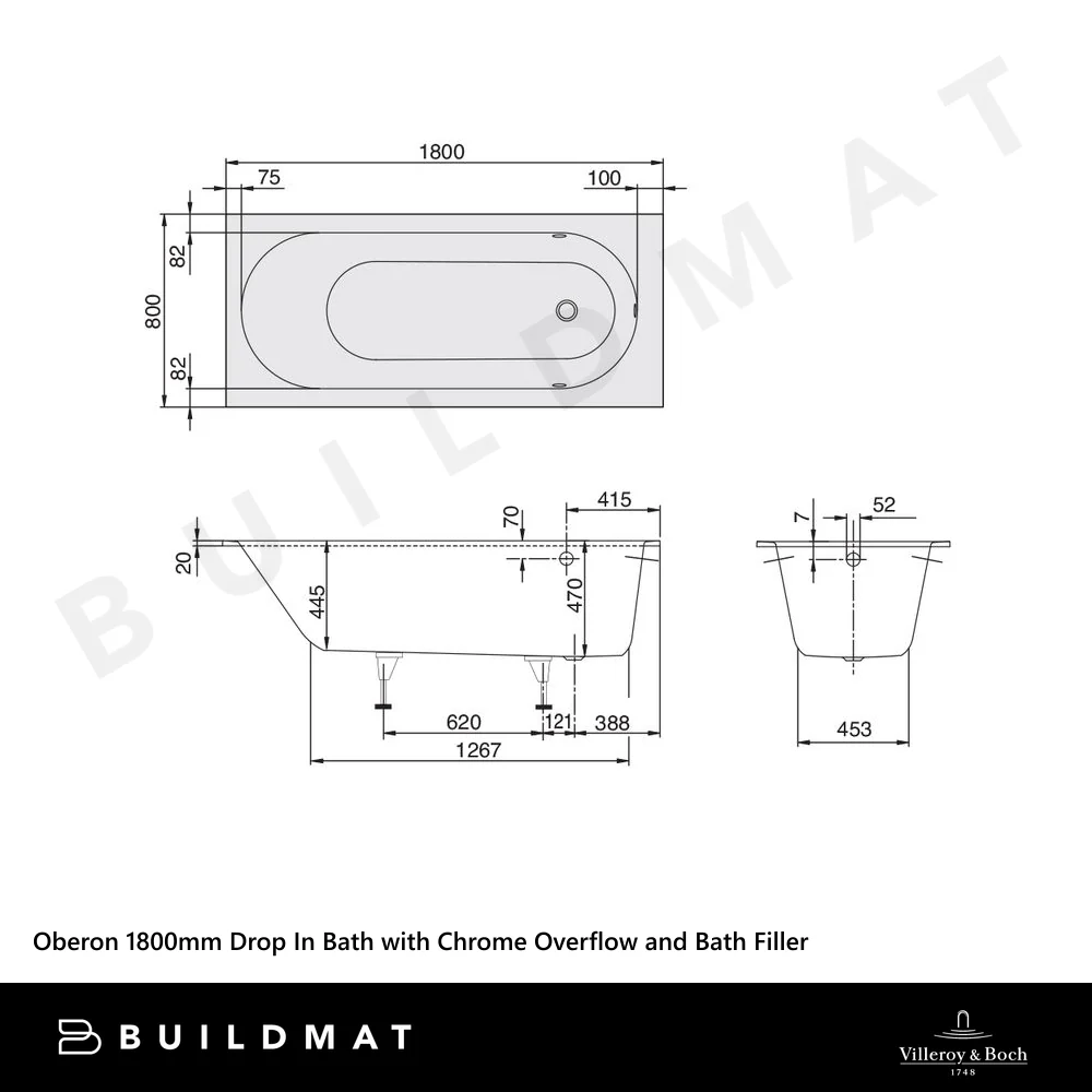 Villeroy & Boch Oberon 1800mm Drop In Bath with Chrome Overflow and Bath Filler White - Image 4