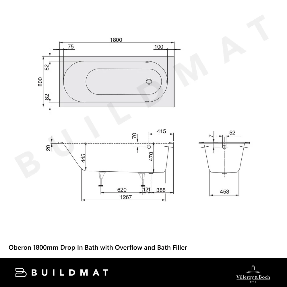 Villeroy & Boch Oberon 1800mm Drop In Bath with White Overflow and Bath Filler White - Image 4