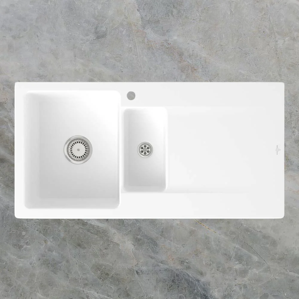 Villeroy & Boch Siluet 1000mm 1 and 1/2 Sink with Right Hand Drainboard 1 Tap Hole Stone White - Image 2