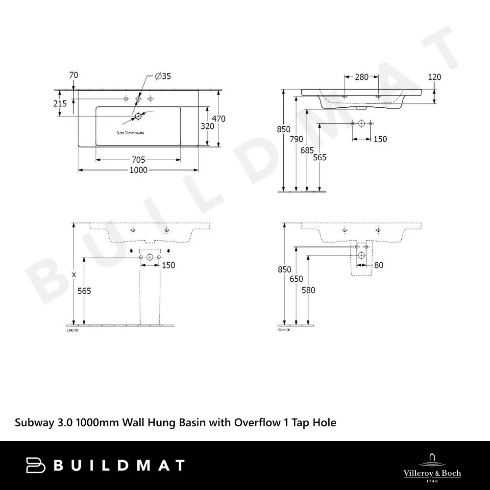 Villeroy & Boch Subway 3.0 1000mm Wall Hung Basin with Overflow 1 Tap Hole Stone White - Image 4