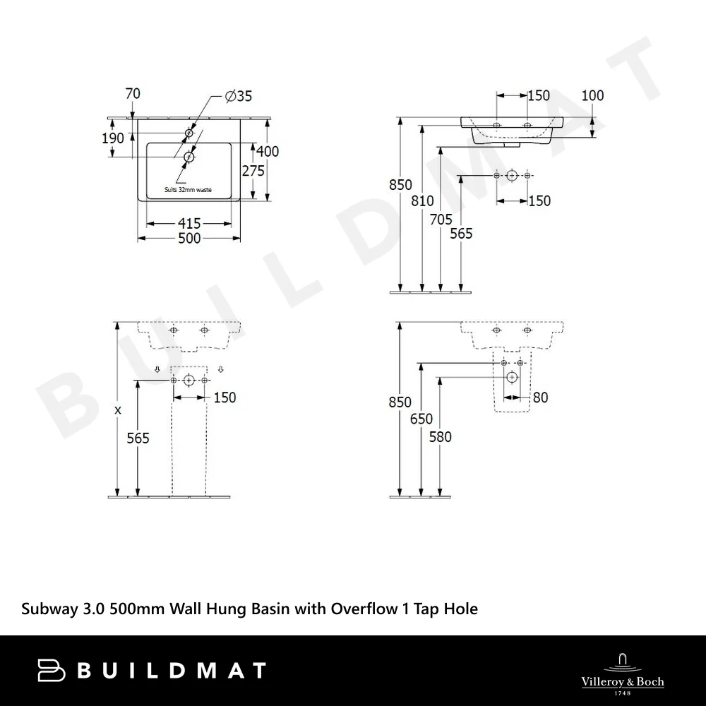 Villeroy & Boch Subway 3.0 500mm Wall Hung Basin with Overflow 1 Tap Hole Stone White - Image 4