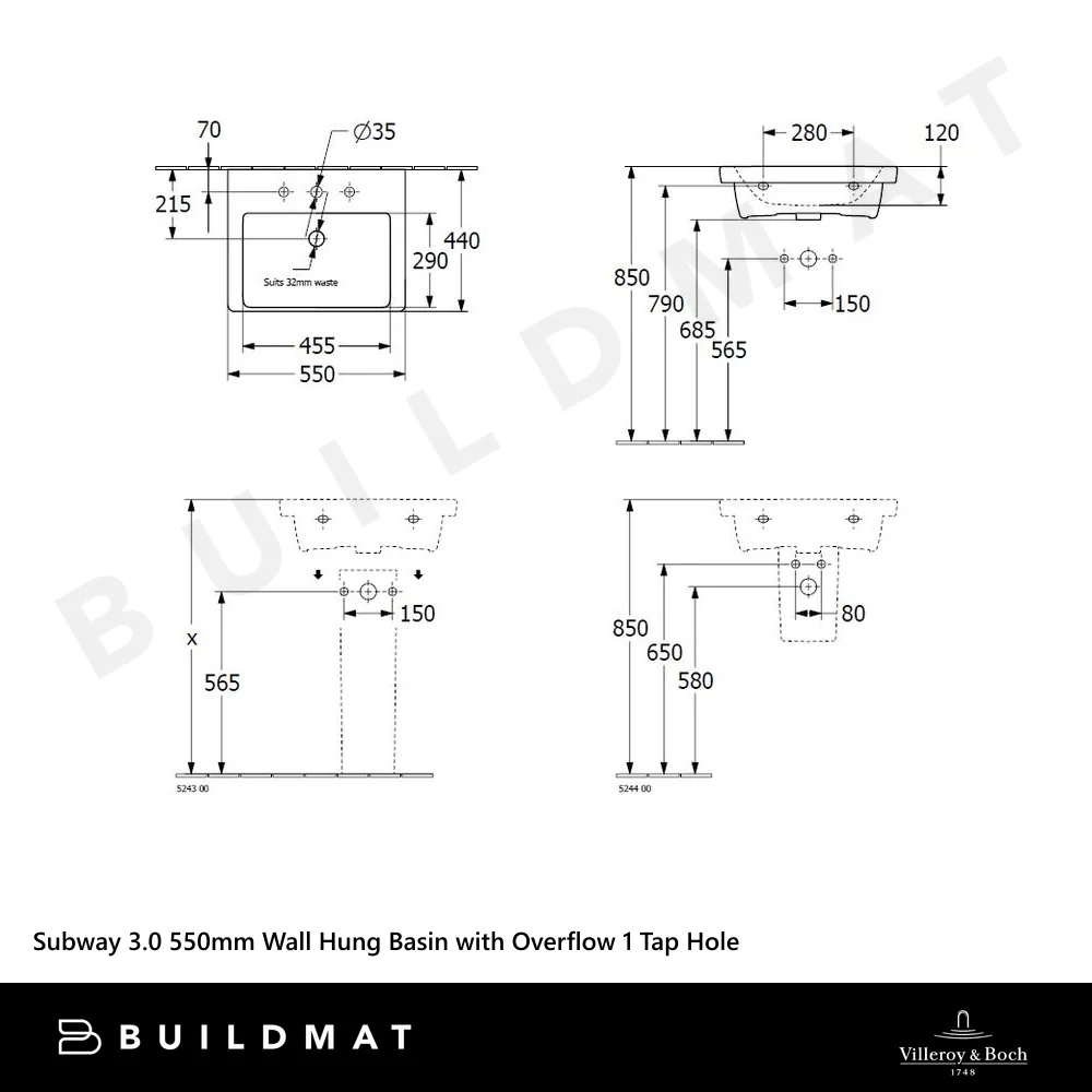 Villeroy & Boch Subway 3.0 550mm Wall Hung Basin with Overflow 1 Tap Hole Stone White - Image 4