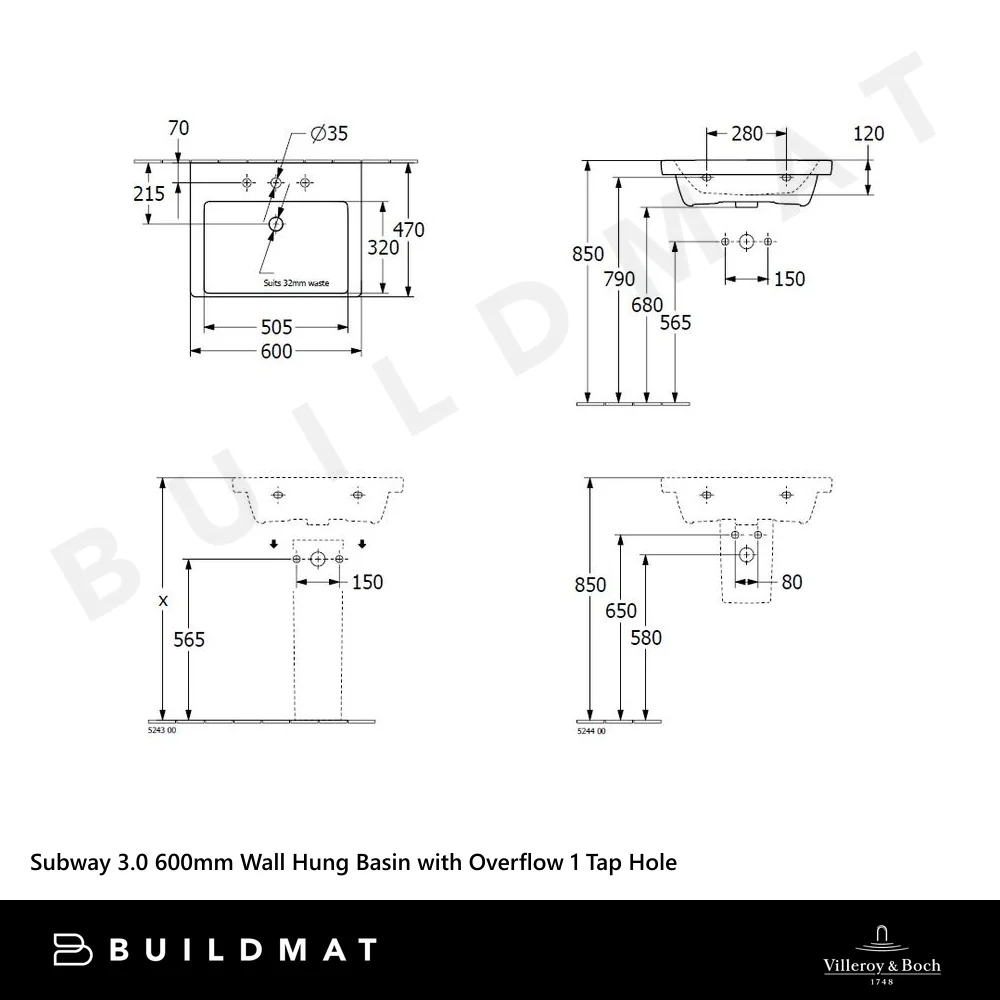 Villeroy & Boch Subway 3.0 600mm Wall Hung Basin with Overflow 1 Tap Hole Alpine White - Image 4