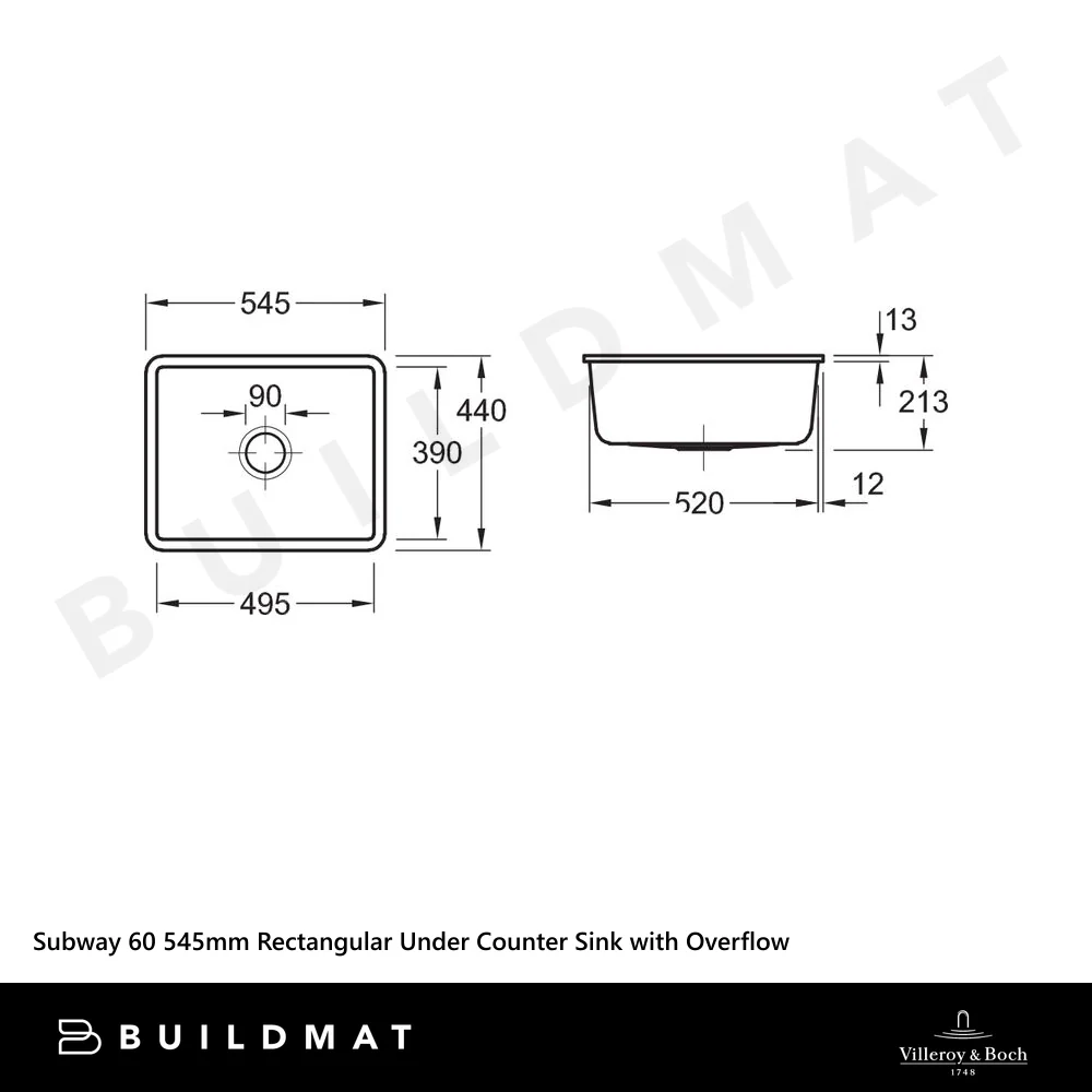 Villeroy & Boch Subway 60 545mm Rectangular Under Counter Sink with Overflow Alpine White - Image 4