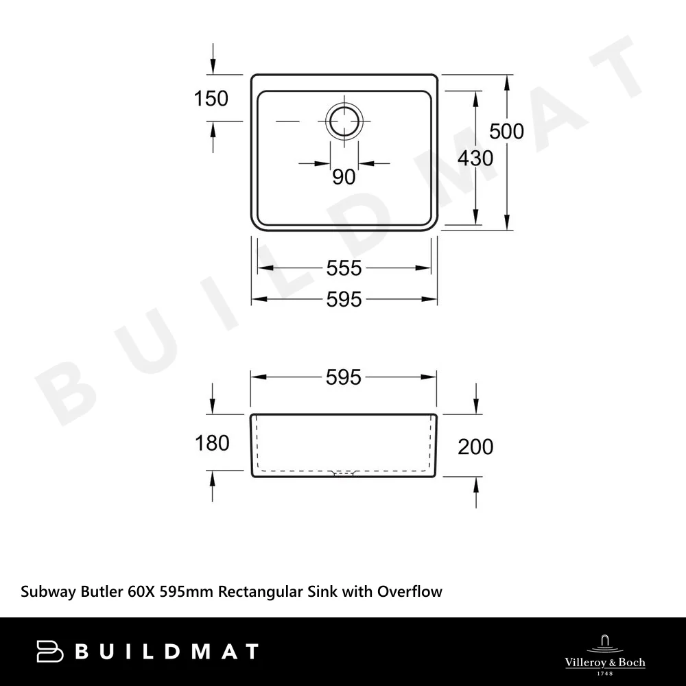 Villeroy & Boch Subway Butler 60X 595mm Rectangular Sink with Overflow Stone White - Image 4