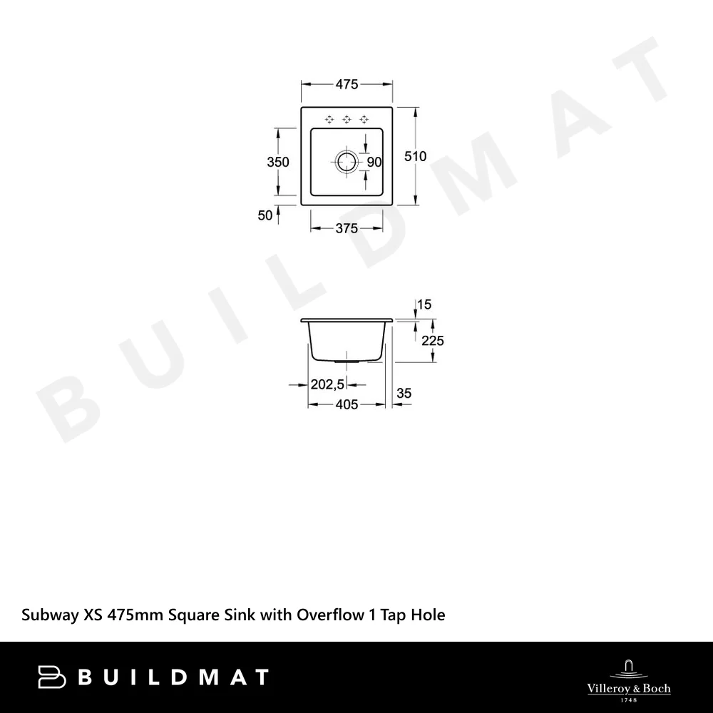 Villeroy & Boch Subway XS 475mm Square Sink with Overflow 1 Tap Hole Stone White - Image 4