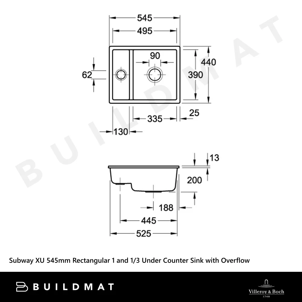 Villeroy & Boch Subway XU 545mm Rectangular 1 and 1/3 Under Counter Sink with Overflow Stone White - Image 4