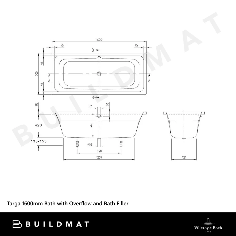 Villeroy & Boch Targa 1600mm Drop In Bath with Chrome Overflow and Bath Filler White - Image 4
