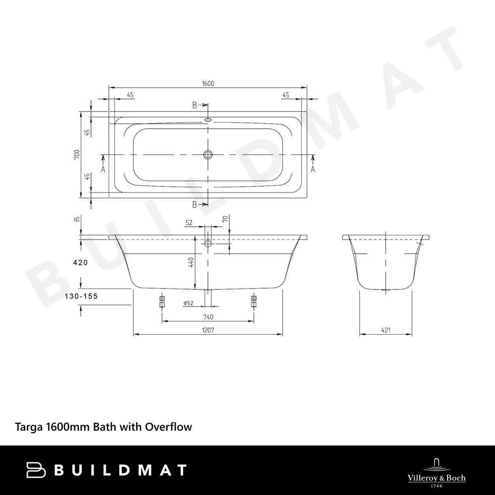 Villeroy & Boch Targa 1600mm Drop In Bath with White Overflow White - Image 4
