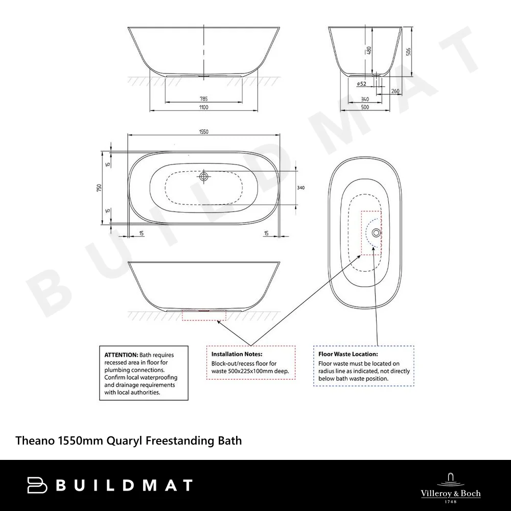 Villeroy & Boch Theano 1550mm Quaryl Freestanding Bath Stone White - Image 4