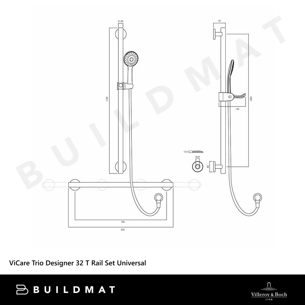Villeroy & Boch ViCare Trio Designer 32 T Shower Rail Set Universal Matte Black - Image 4