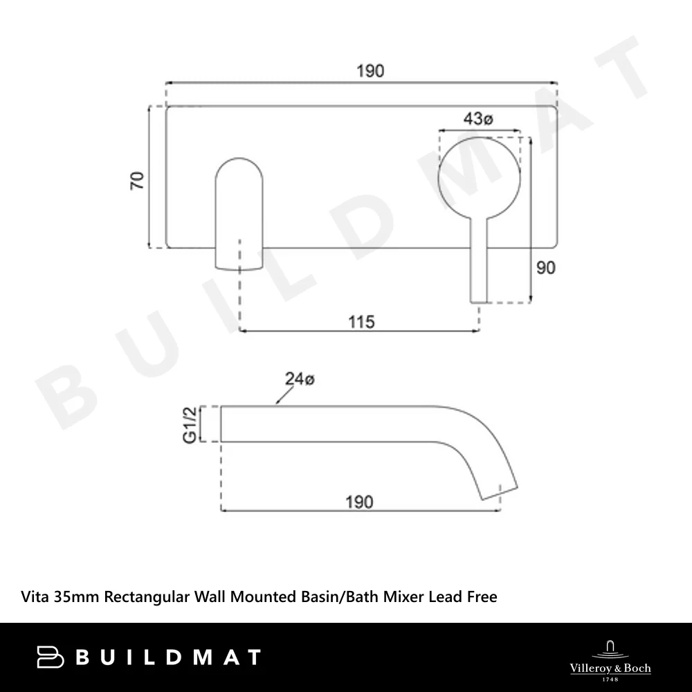 Villeroy & Boch Vita 35mm Rectangular Wall Mounted Basin/Bath Mixer (Complete Kit) Gunmetal Lead Free - Image 4