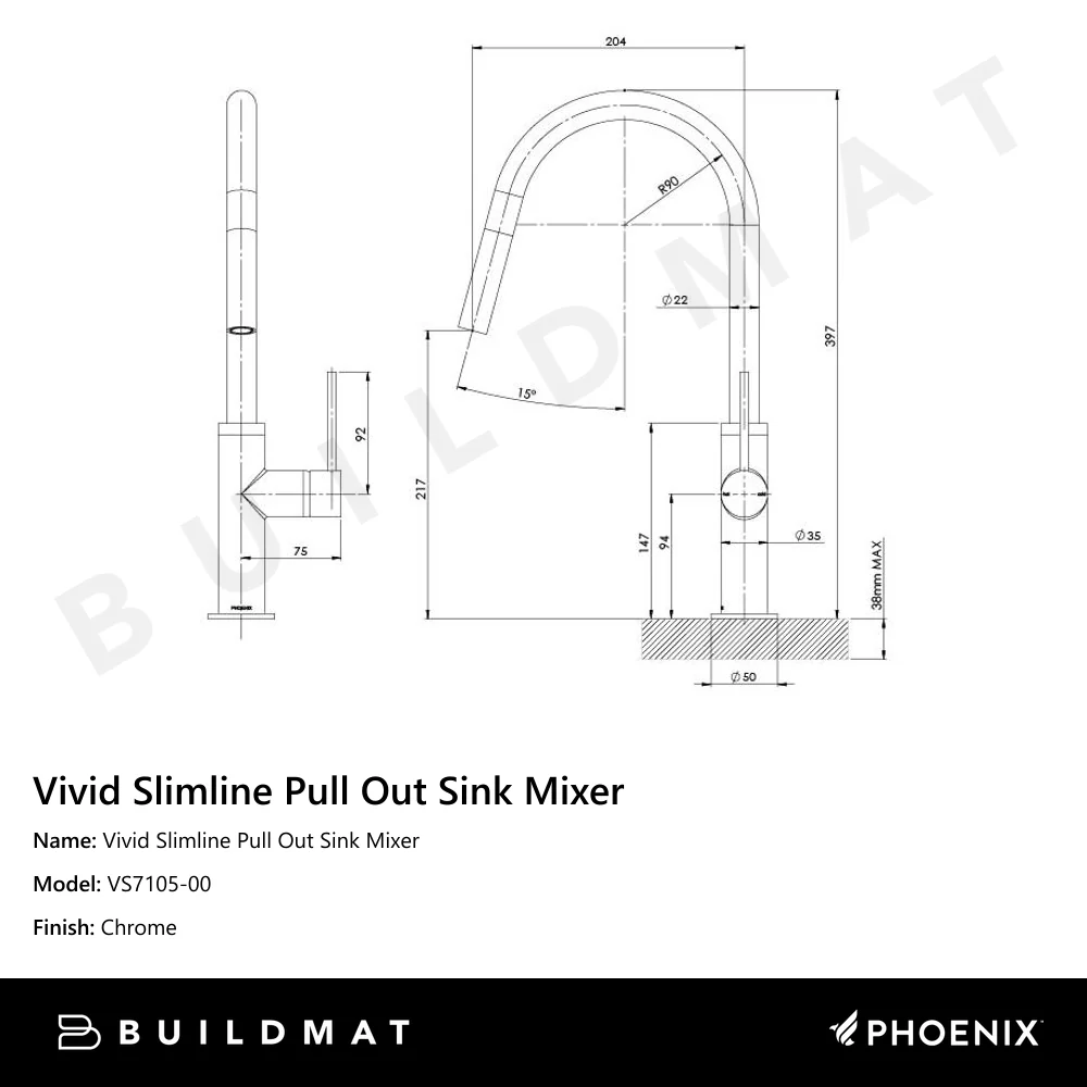 Phoenix Vivid Slimline Chrome Pull Out Sink Mixer - Image 4