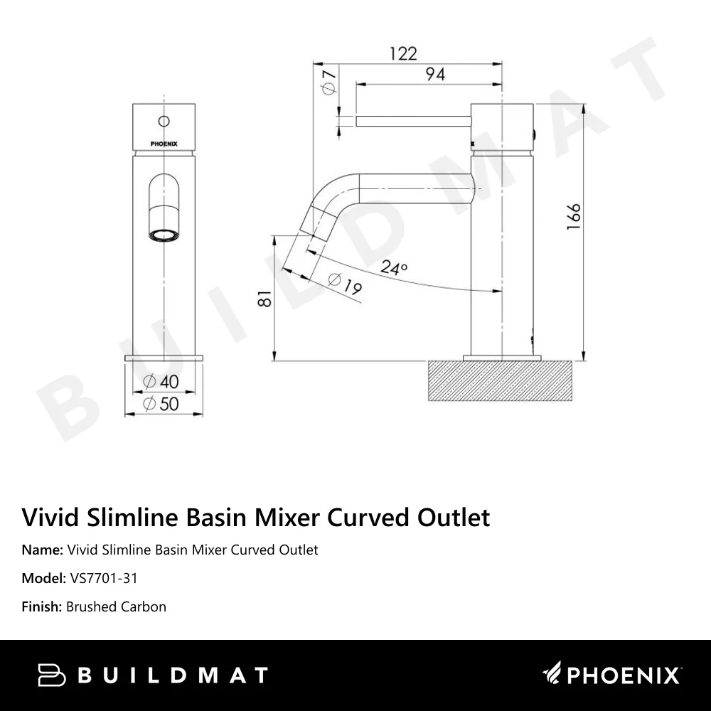 Phoenix Vivid Slimline Basin Mixer Curved Outlet Brushed Carbon - Image 4