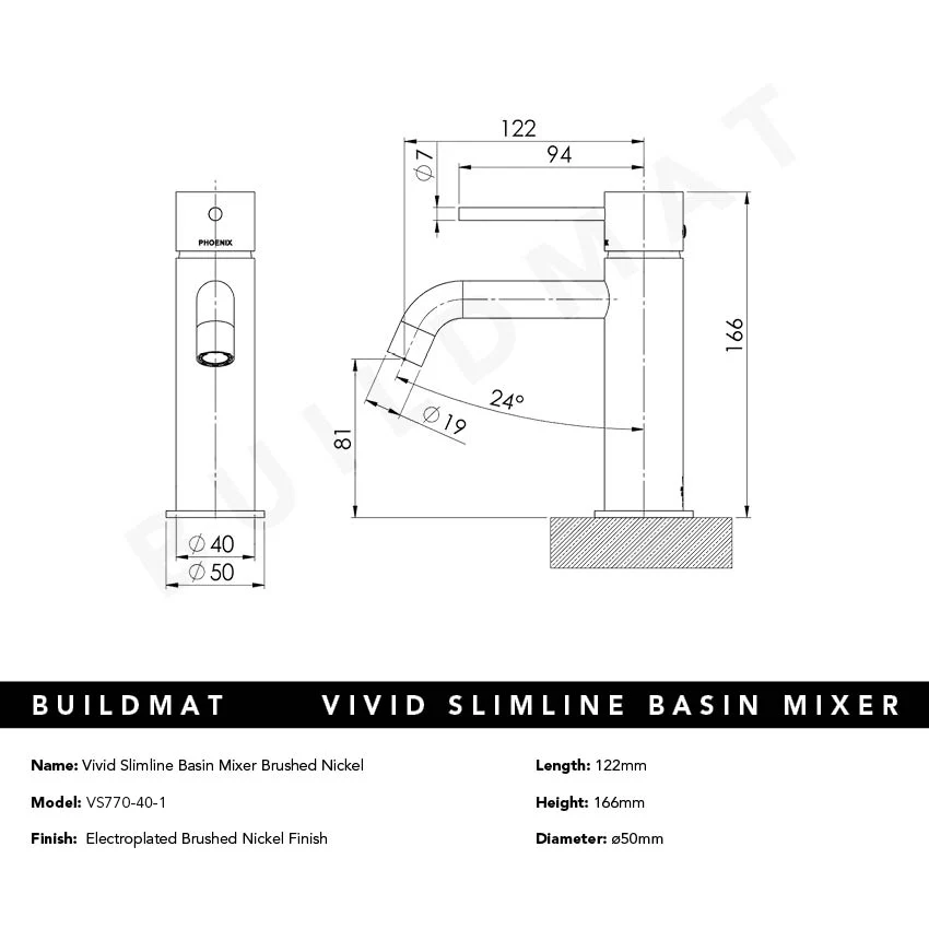 Phoenix Vivid Slimline Basin Mixer Lead Free Brushed Nickel - Image 4