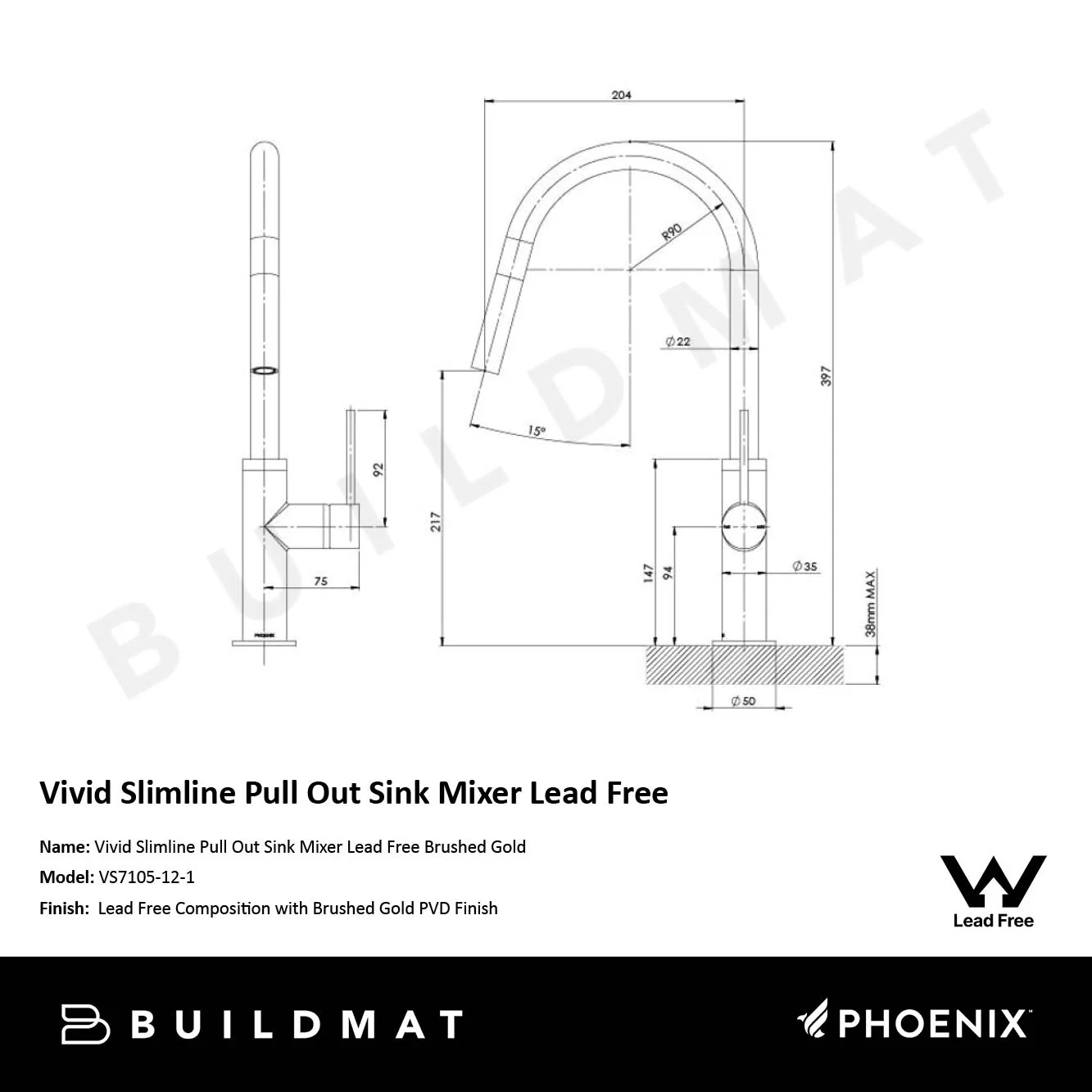 Phoenix Vivid Slimline Brushed Gold Pull Out Sink Mixer Lead Free - Image 4