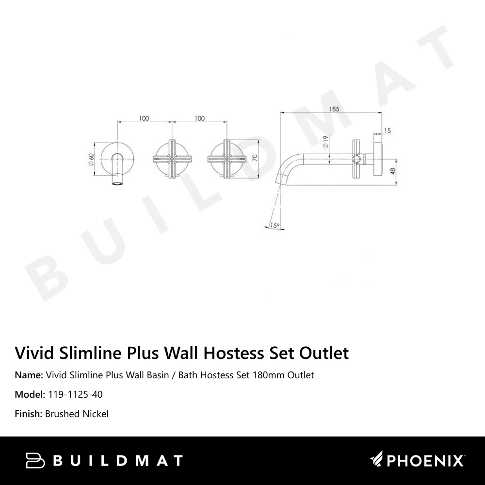 Phoenix Vivid Slimline Plus Wall Basin / Bath Hostess Set 180mm Outlet Brushed Nickel - Image 4