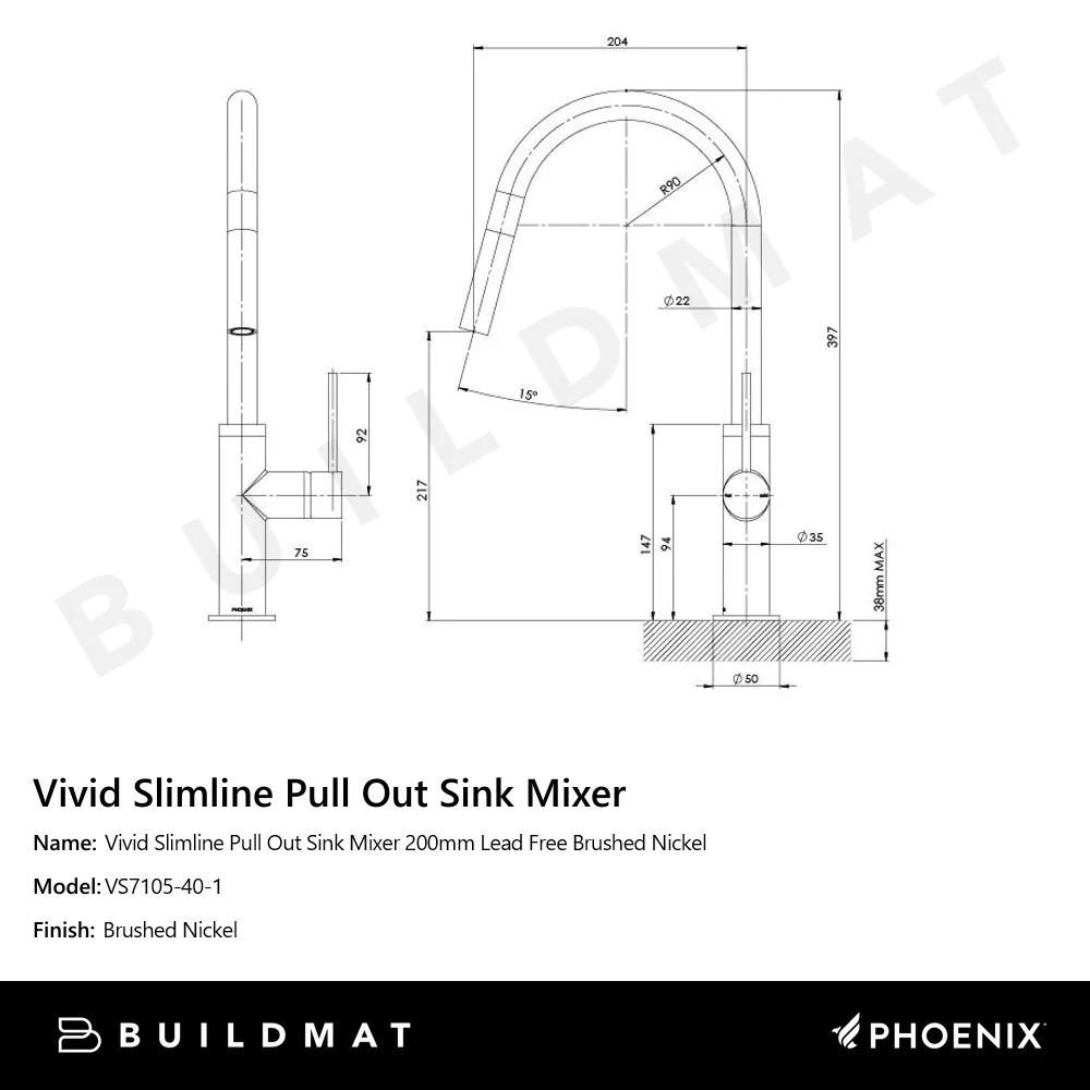 Phoenix Vivid Slimline Pull Out Sink Mixer 200mm Lead Free Brushed Nickel - Image 4