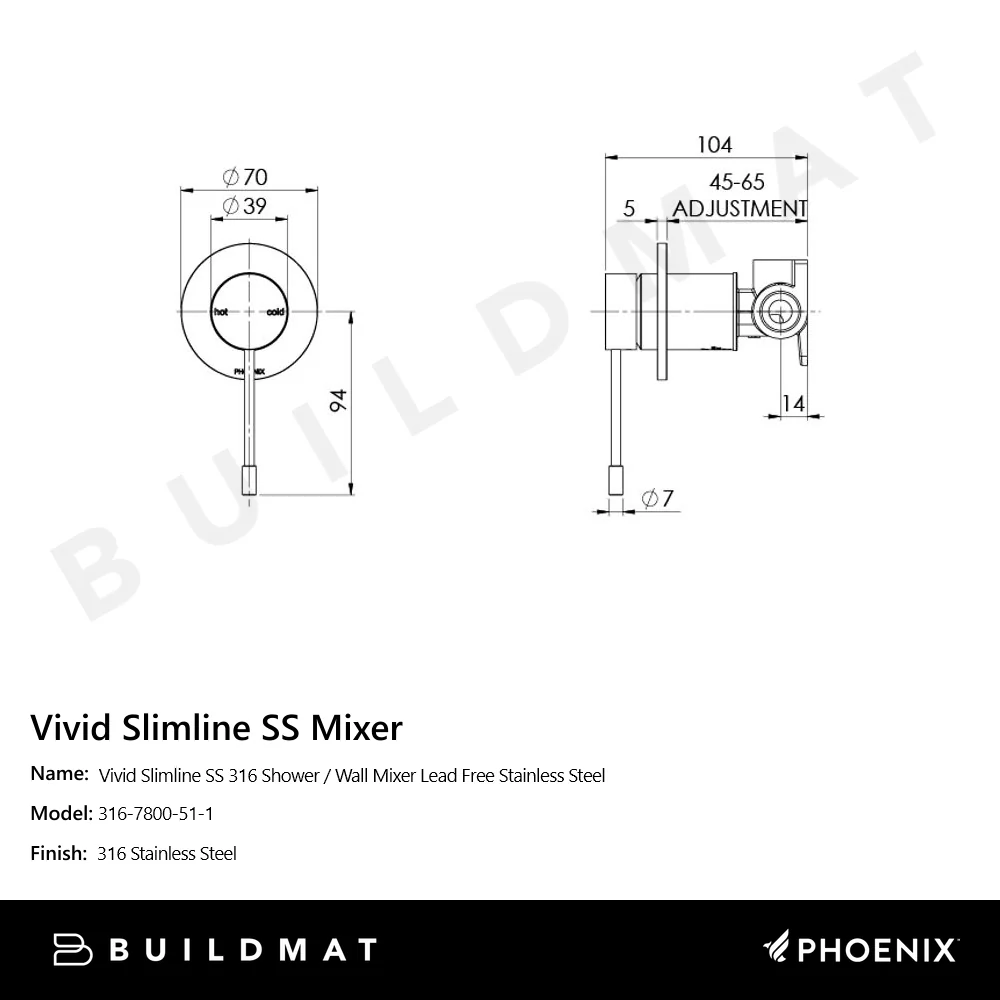 Phoenix Vivid Slimline SS 316 Shower / Wall Mixer Lead Free Stainless Steel - Image 6