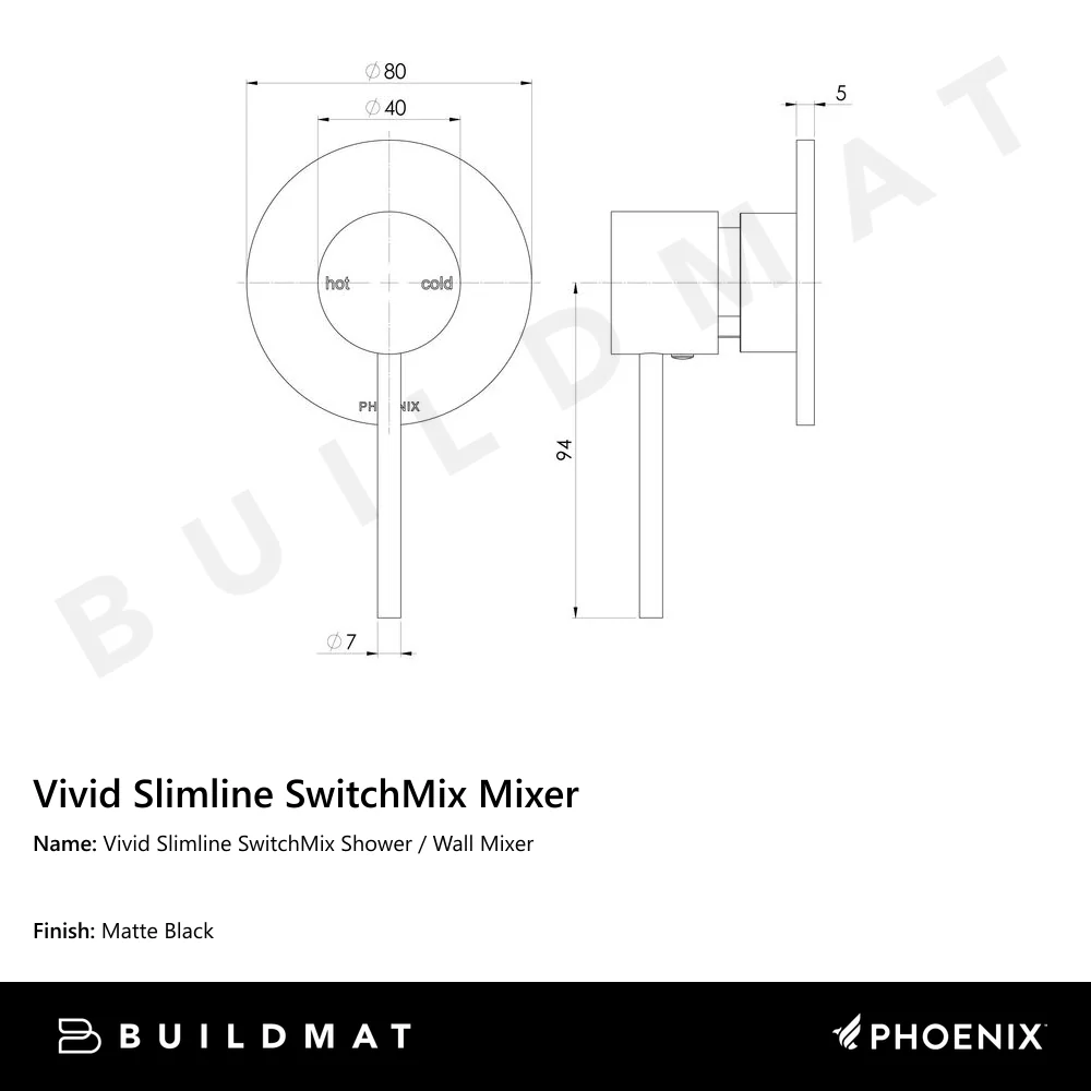 Phoenix Vivid Slimline SwitchMix Shower/Wall Mixer (Complete Kit) Matte Black - Image 4