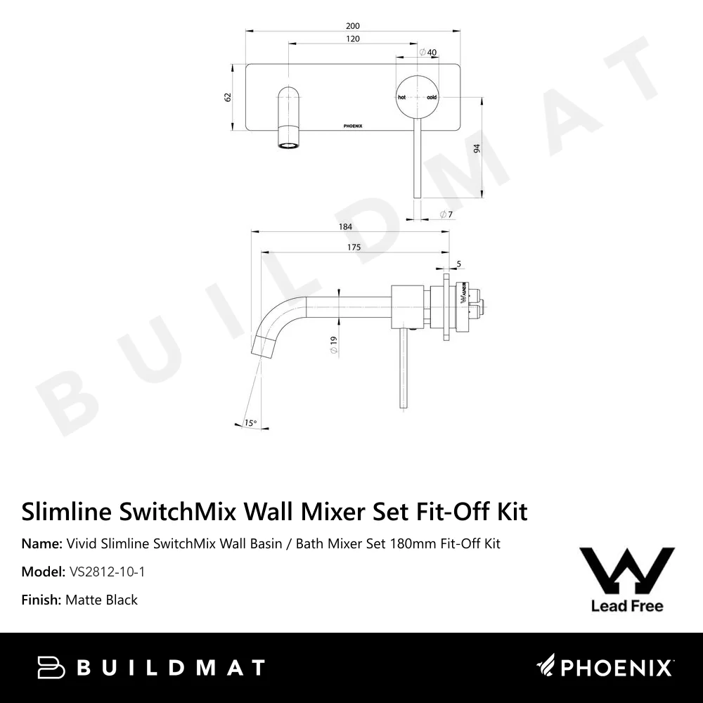 Phoenix Vivid Slimline SwitchMix Wall Basin/Bath Mixer Set 180mm (Fit-Off Kit) Lead Free Matte Black - Image 4
