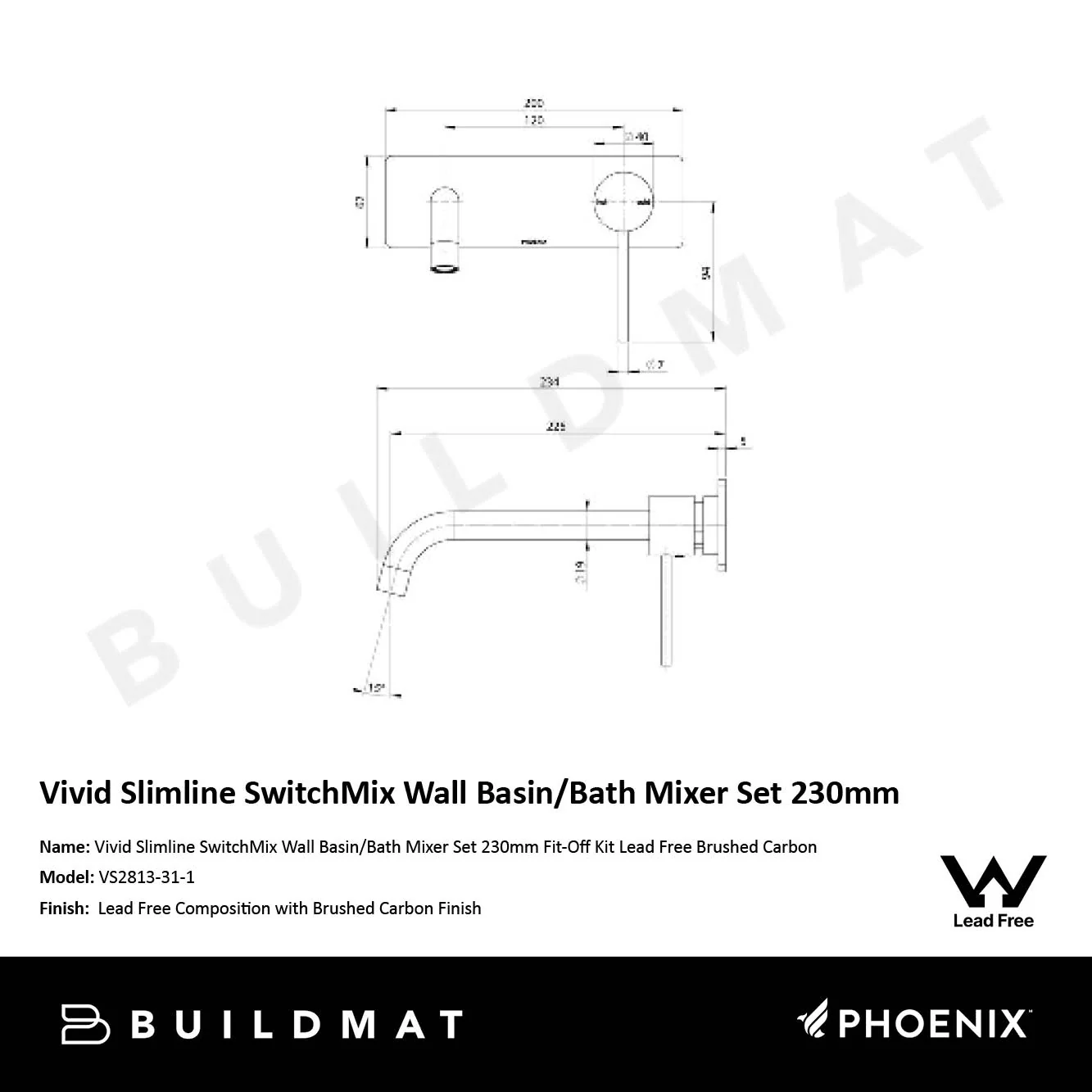 Phoenix Vivid Slimline SwitchMix Wall Basin/Bath Mixer Set 230mm (Fit-Off Kit) Only Lead Free Brushed Carbon - Image 4