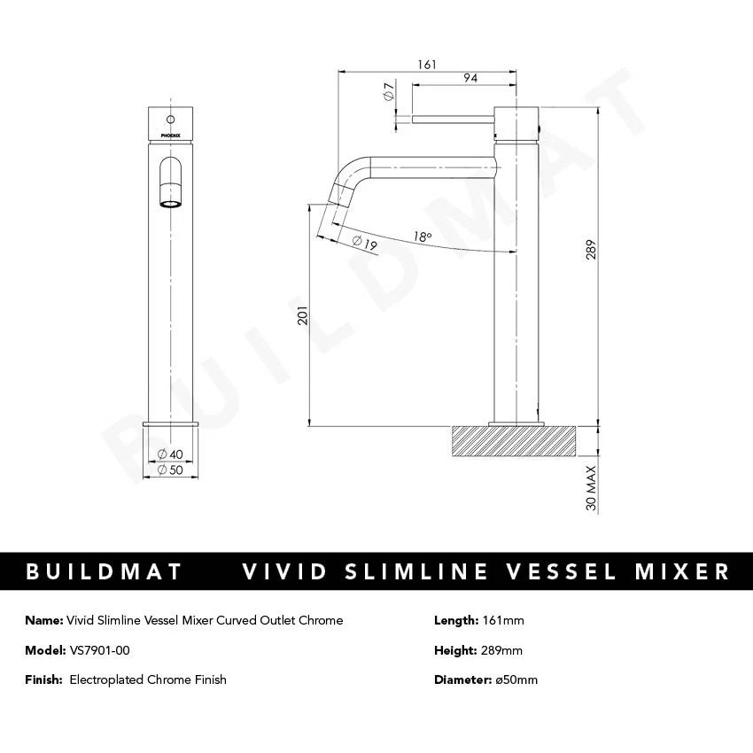 Phoenix Vivid Slimline Vessel Mixer Curved Outlet Chrome - Image 4