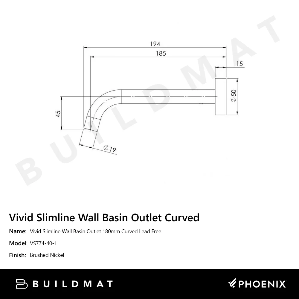 Phoenix Vivid Slimline Wall Basin Outlet 180mm Curved Lead Free Brushed Nickel - Image 7
