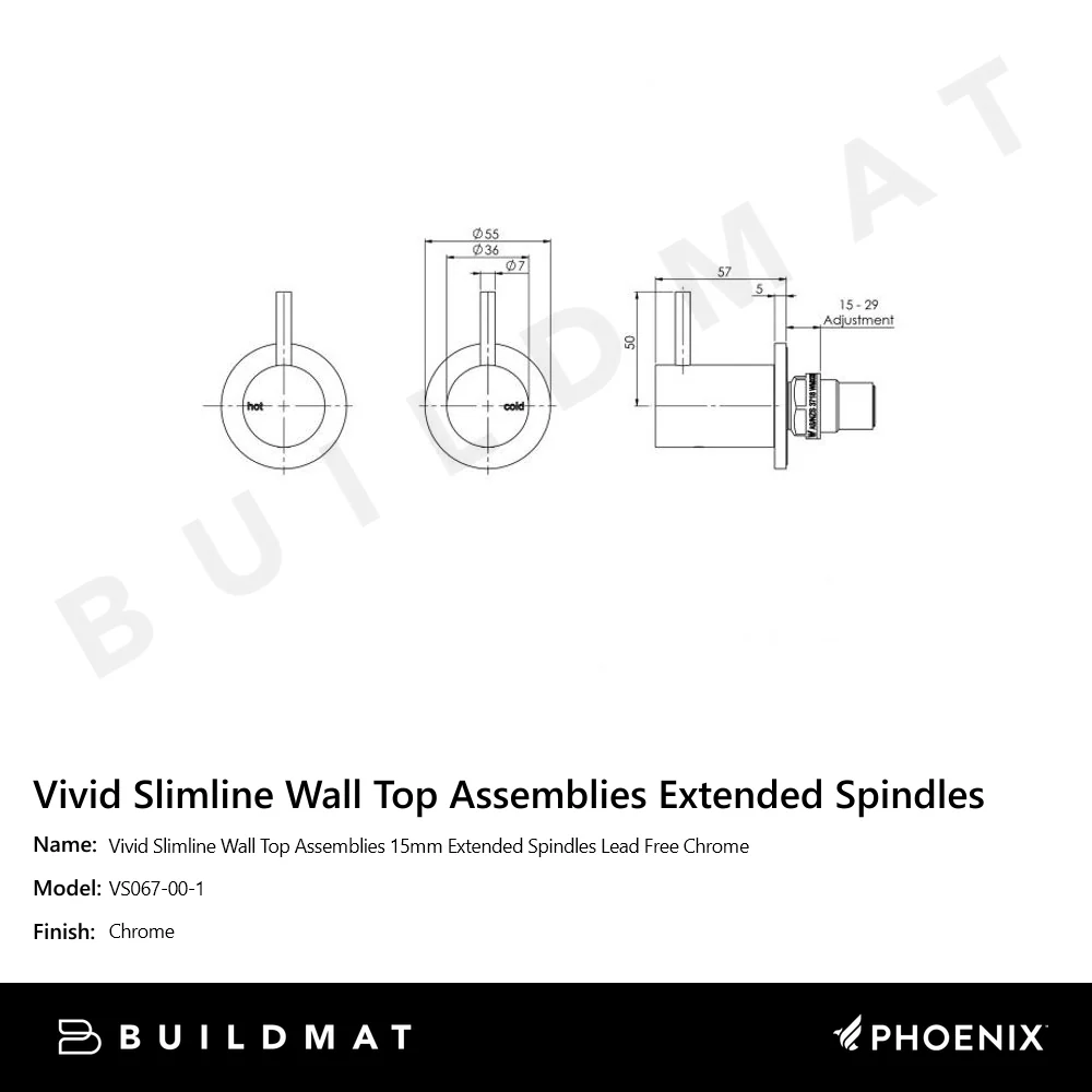 Phoenix Vivid Slimline Wall Top Assemblies 15mm Extended Spindles Lead Free Chrome - Image 4