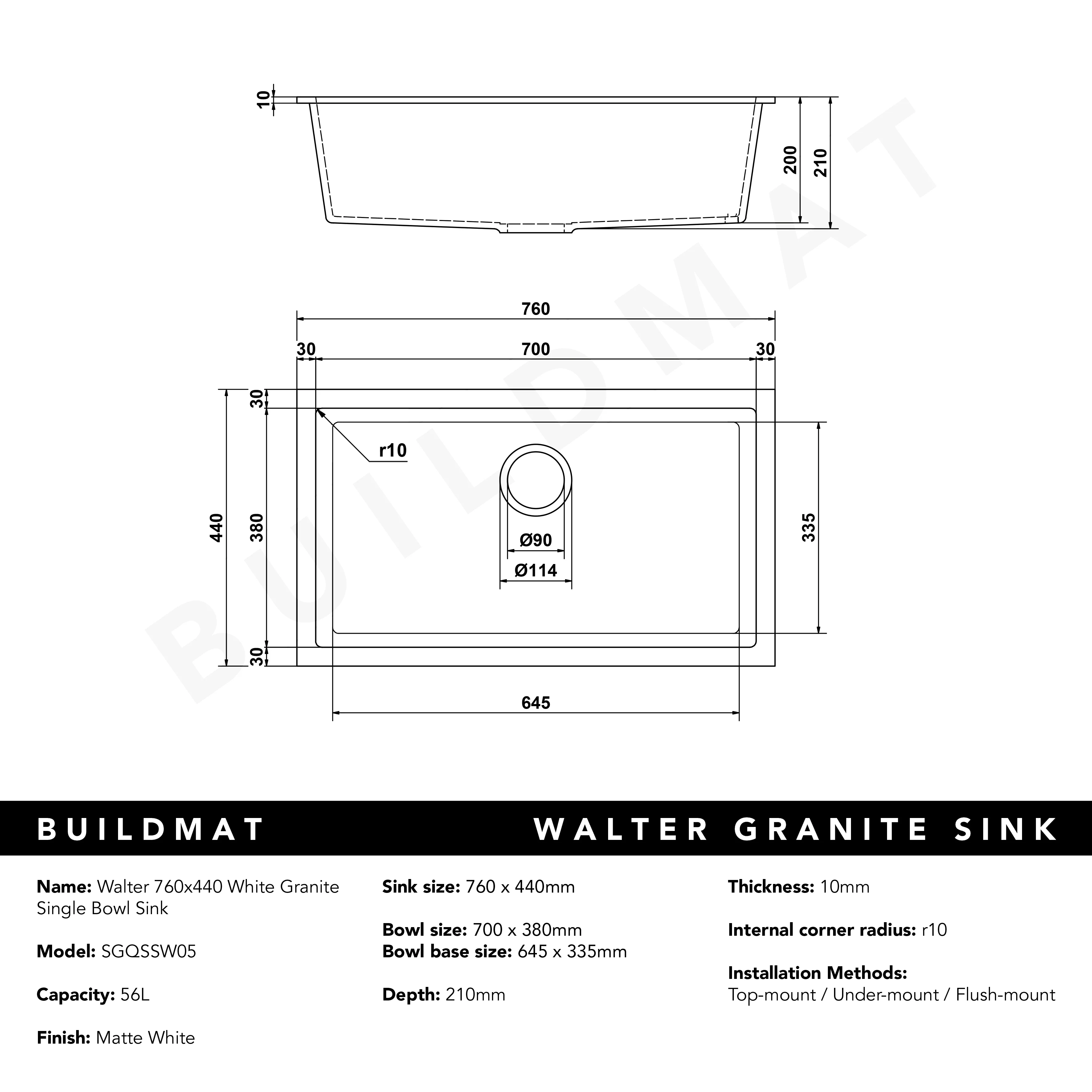 Alma Walter 760x440 White Granite Single Bowl Sink - Image 7