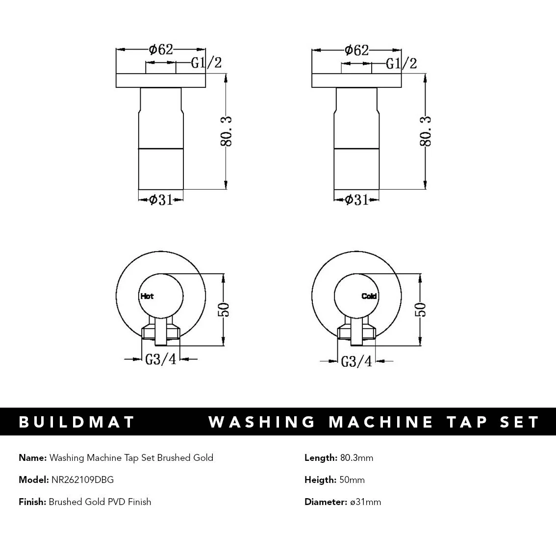Nero Washing Machine Tap Set Brushed Gold - Image 4
