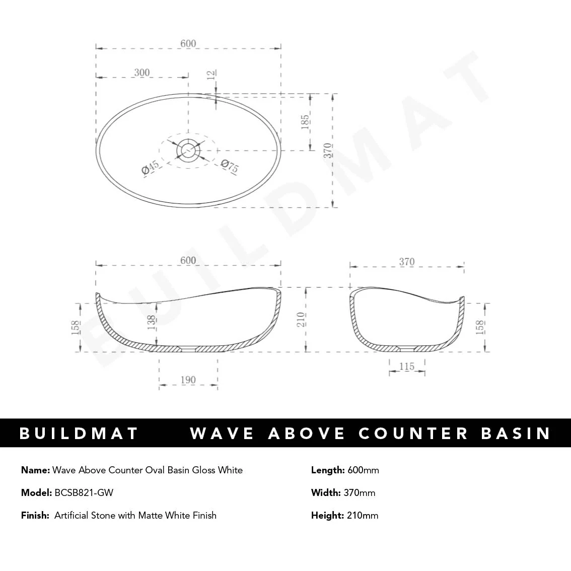 Keva Elegance Gloss White Above Counter Basin - Image 4