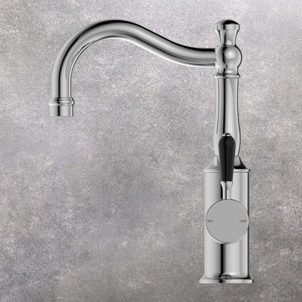 Nero York Basin Mixer Hook Spout with Black Porcelain Lever Chrome - Image 2