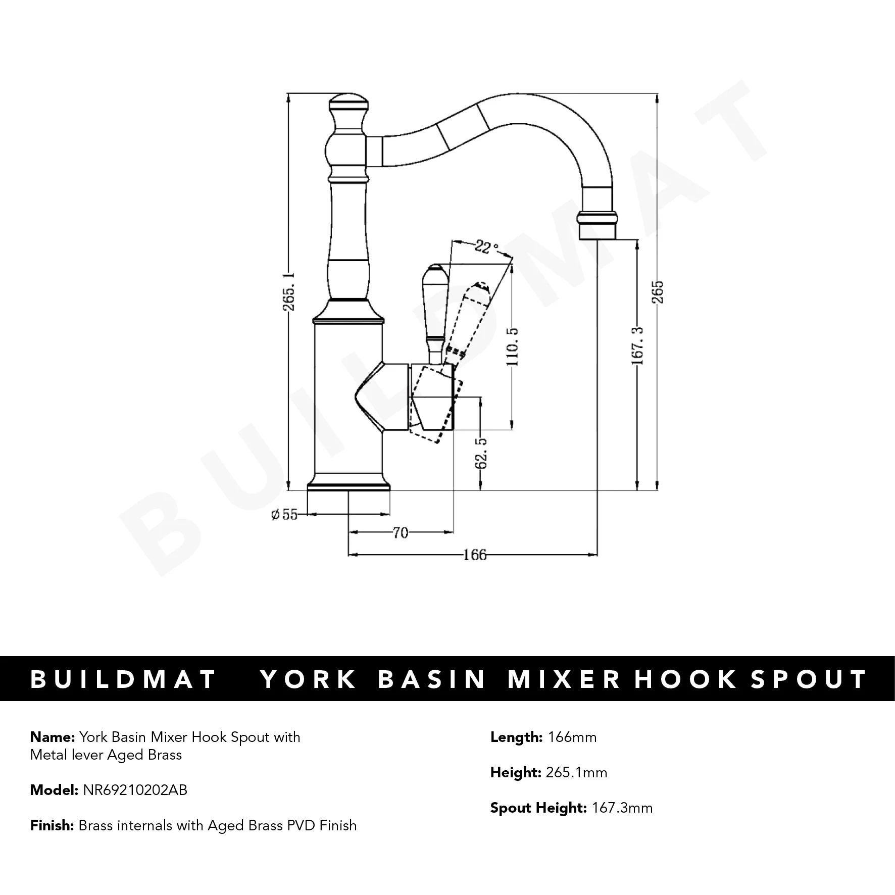 Nero York Basin Mixer Hook Spout with Metal Lever Aged Brass - Image 5