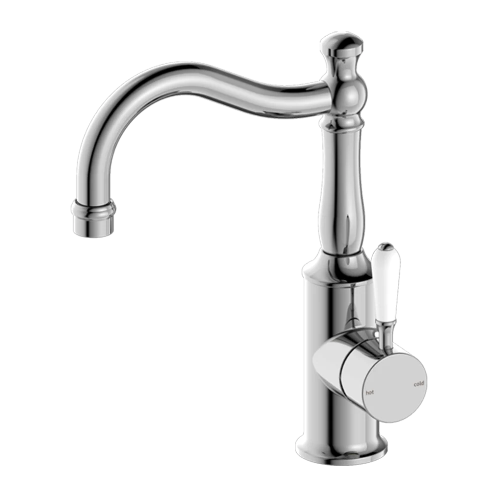 Nero York Basin Mixer Hook Spout with White Porcelain Lever Chrome
