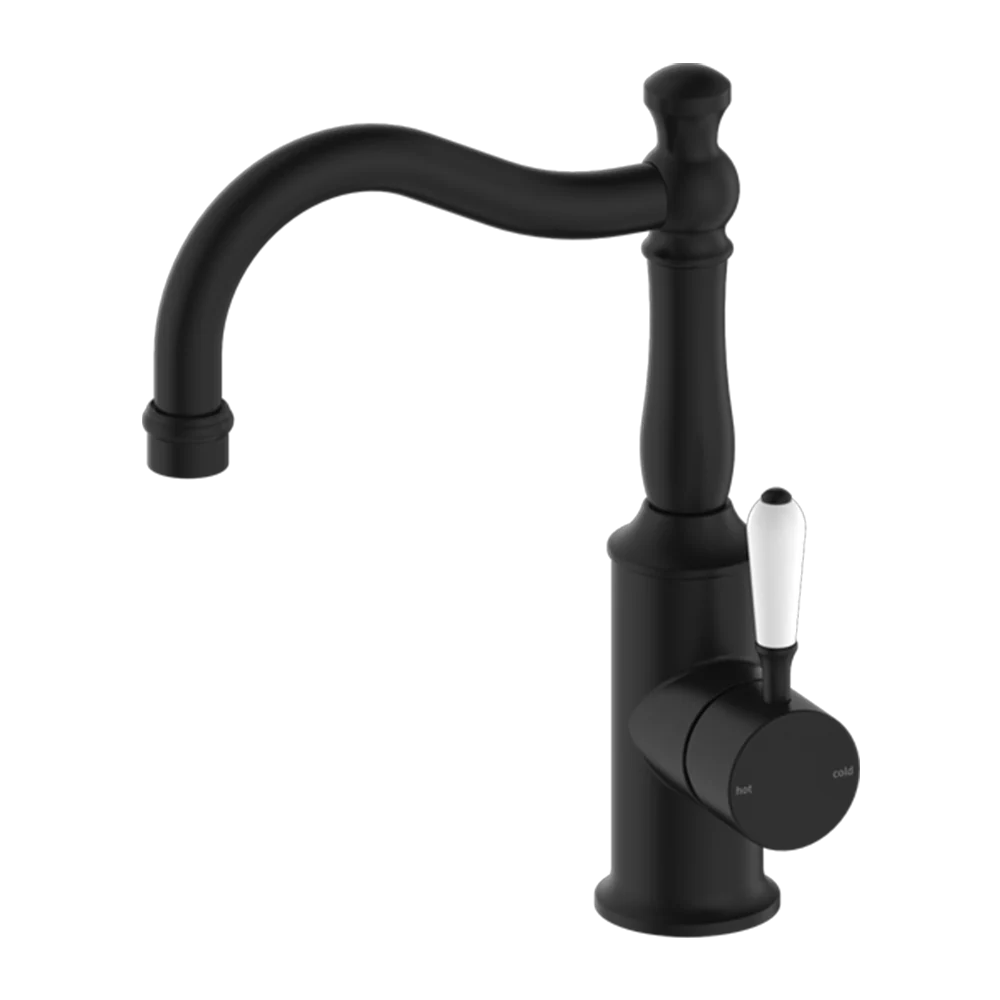 Nero York Basin Mixer Hook Spout with White Porcelain Lever Matte Black