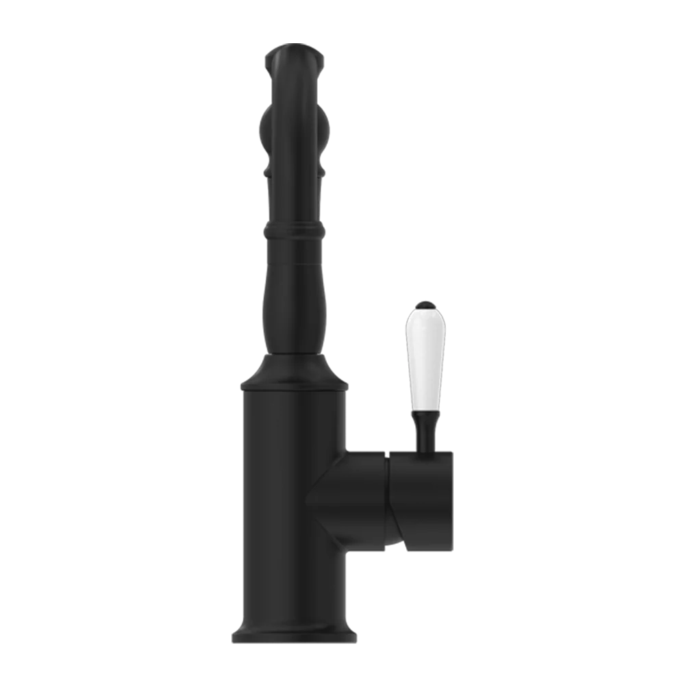 Nero York Basin Mixer Hook Spout with White Porcelain Lever Matte Black - Image 3