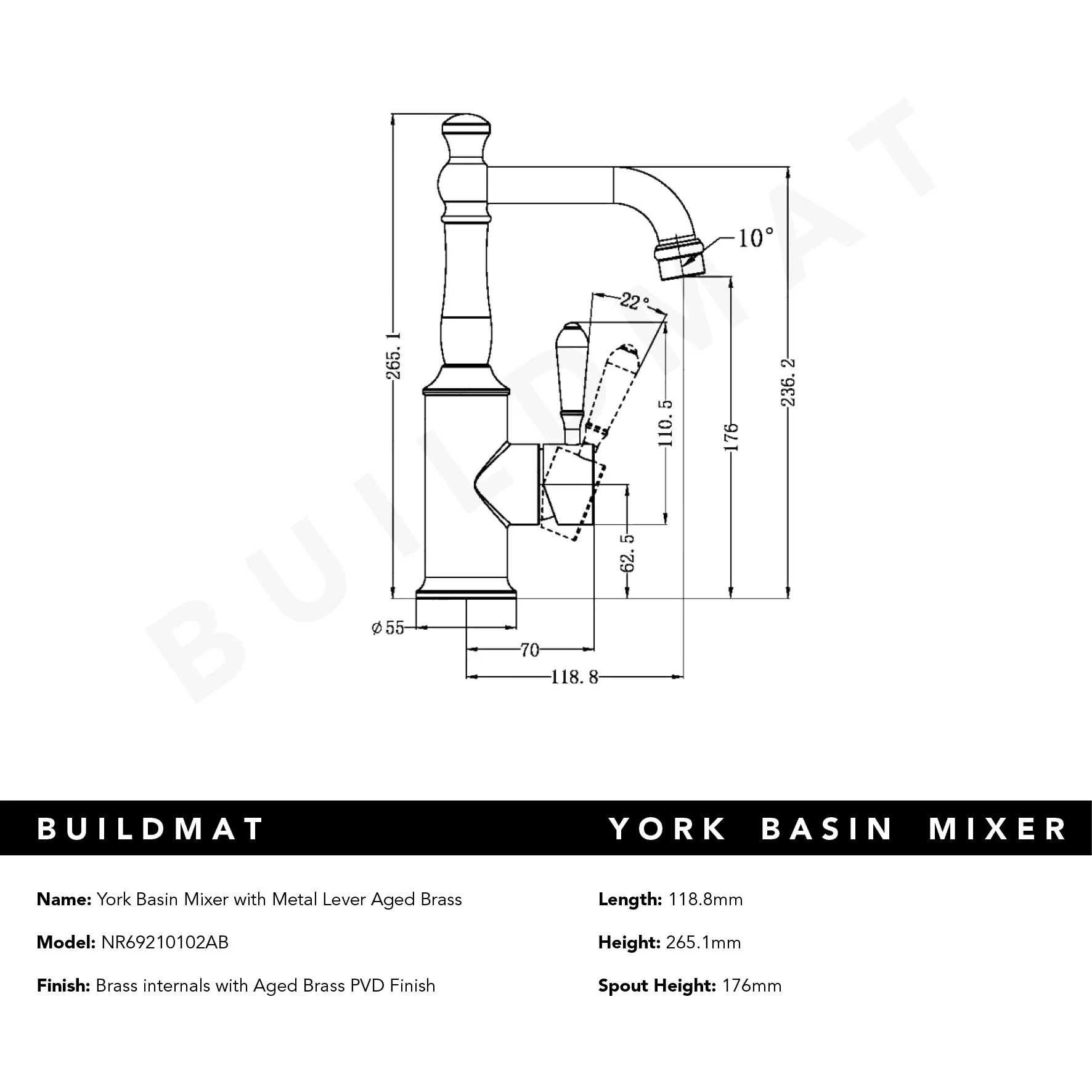 Nero York Basin Mixer with Metal Lever Aged Brass - Image 5