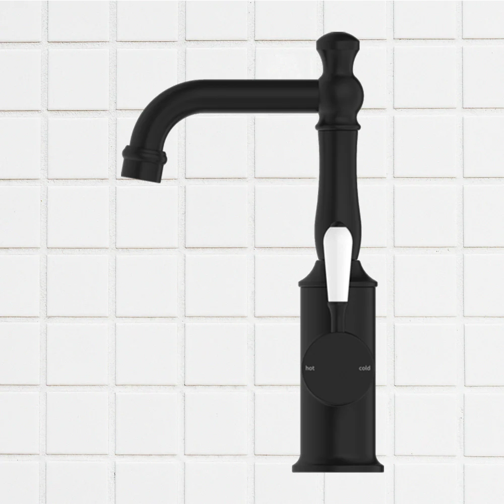 Nero York Basin Mixer with White Porcelain Lever Matte Black - Image 2
