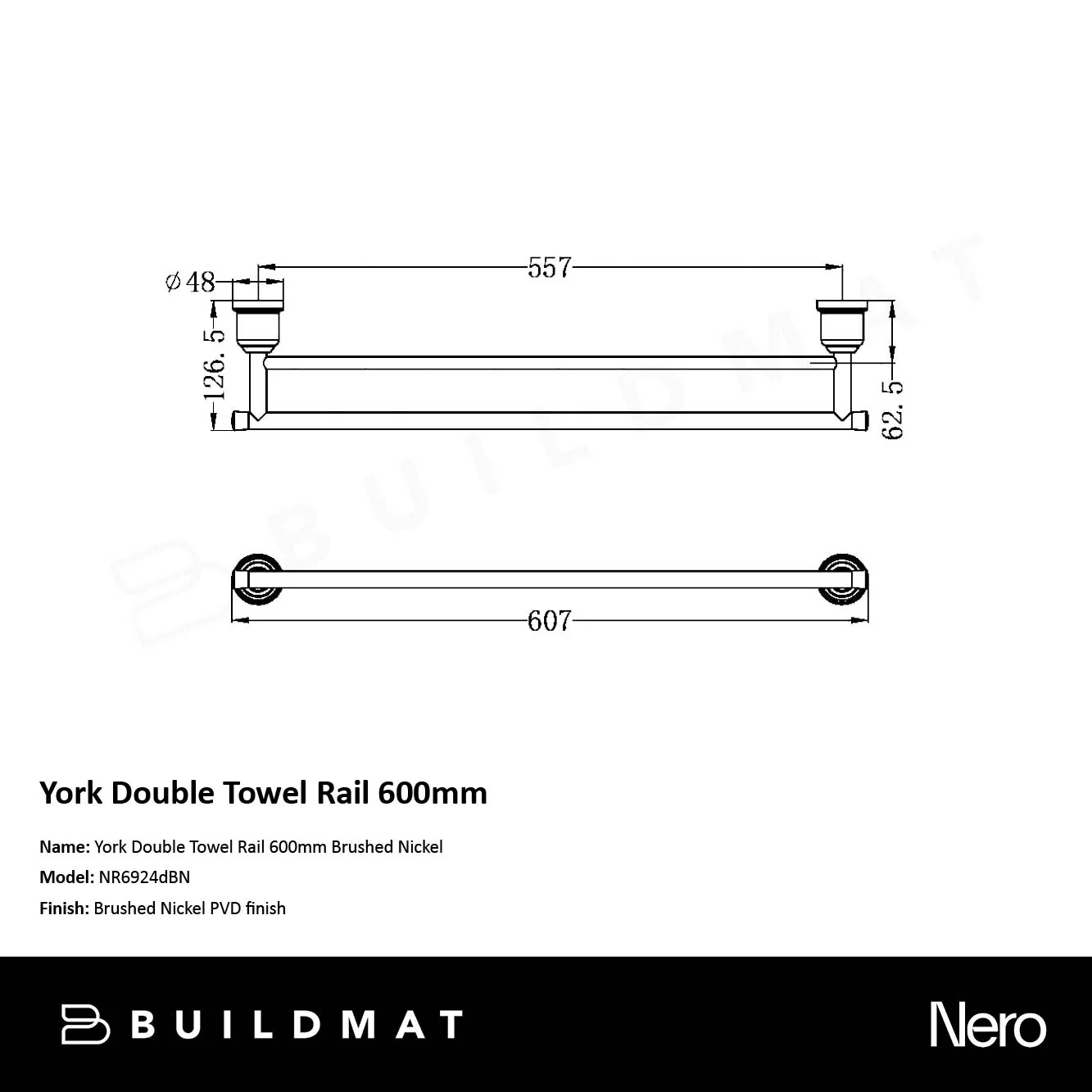 Nero York Double Towel Rail 600mm Brushed Nickel - Image 4